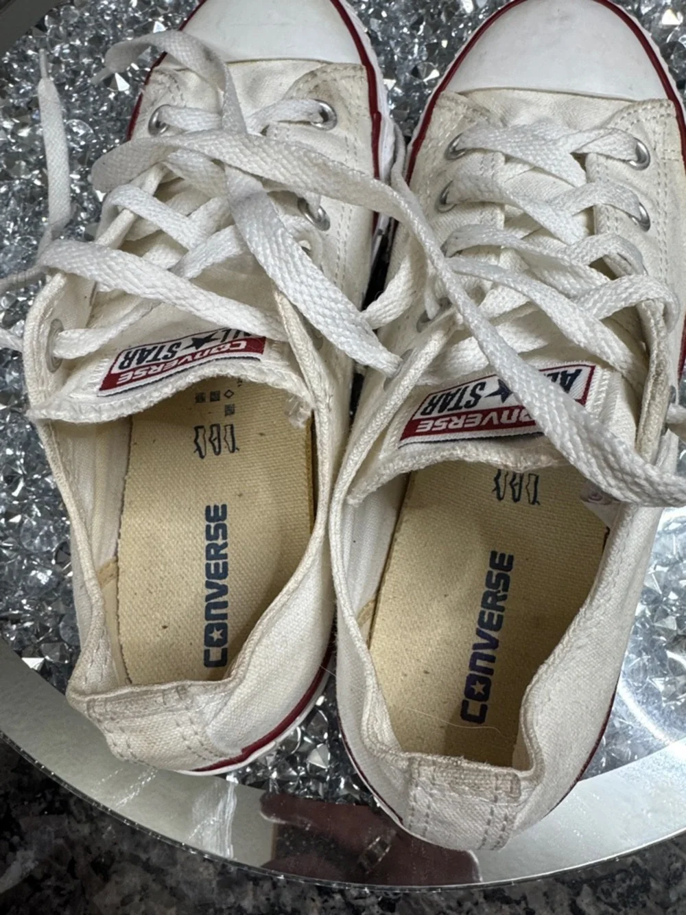 Converse Low Top Canvas Sneakers - White with Red Stripe womens 5 Youth 3